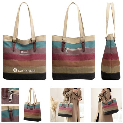 Contrast Patchwork Canvas Tote Bag
